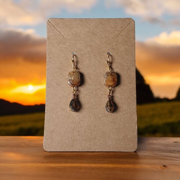 Handcrafted Gold Tone Brown Faux Stone Drop Earrings Elegant Jewelry for Women - Picture 1 of 3